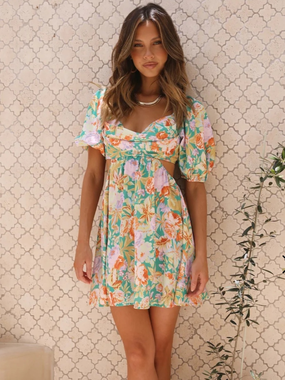 NWT Hello Molly $90 On The Beat green orange purple floral open back mini dress